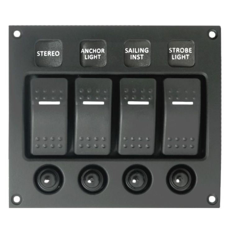 Marine Boat Switch Panel – Black Aluminum, IP65, 12V With Illuminated Switches & 4x5A Fuses