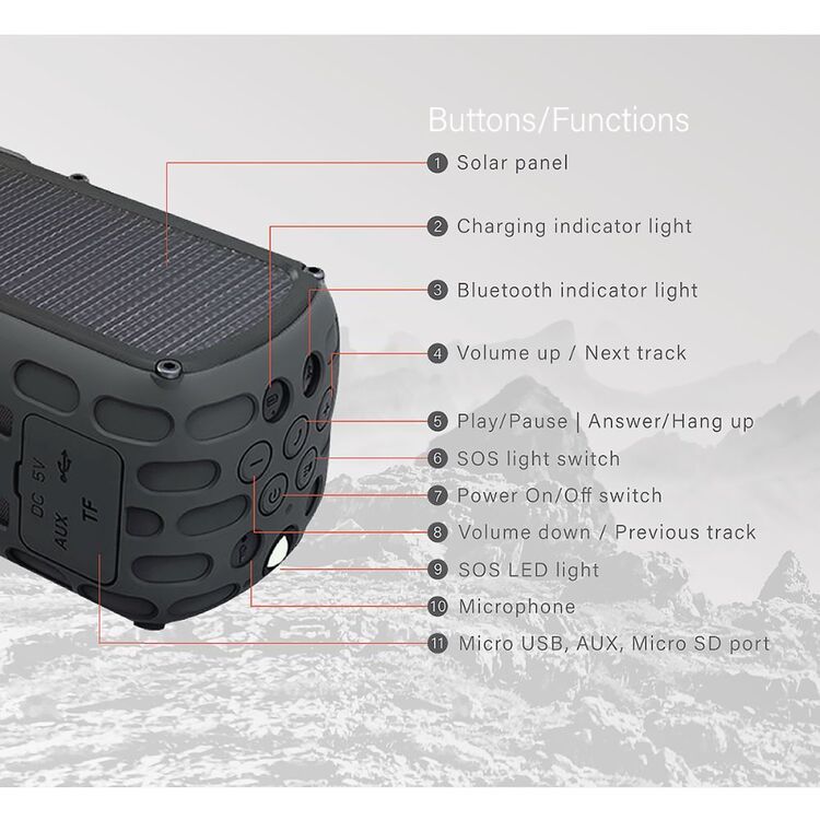 Solar Portable 20W IPX5 Bluetooth Speaker Black