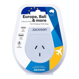 Go Travel Slim Euro & Bali Outbound Travel Adaptor USB-A + USB-C White