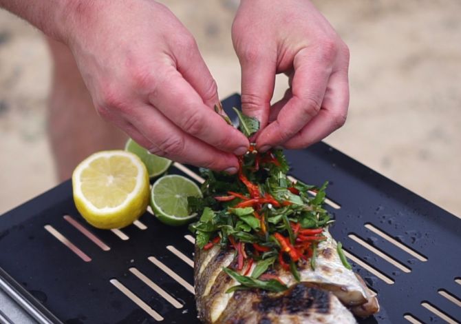 BBQ Charcoal Snapper With Fresh Summer Herb Salad, Chili & Asian Soy Dressing