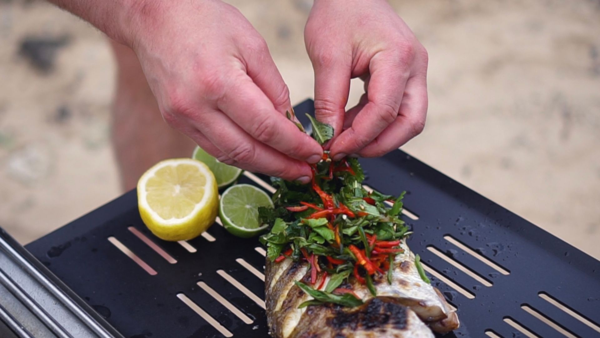BBQ Charcoal Snapper With Fresh Summer Herb Salad, Chili & Asian Soy Dressing