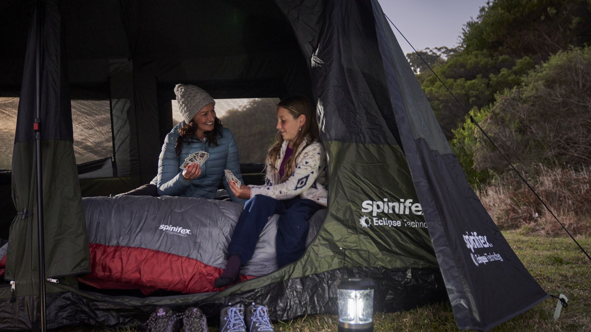 Spinifex Moondance 0° Queen Sleeping Bag in a Spinifex Mawson Eclipse™ 8 Person Tent