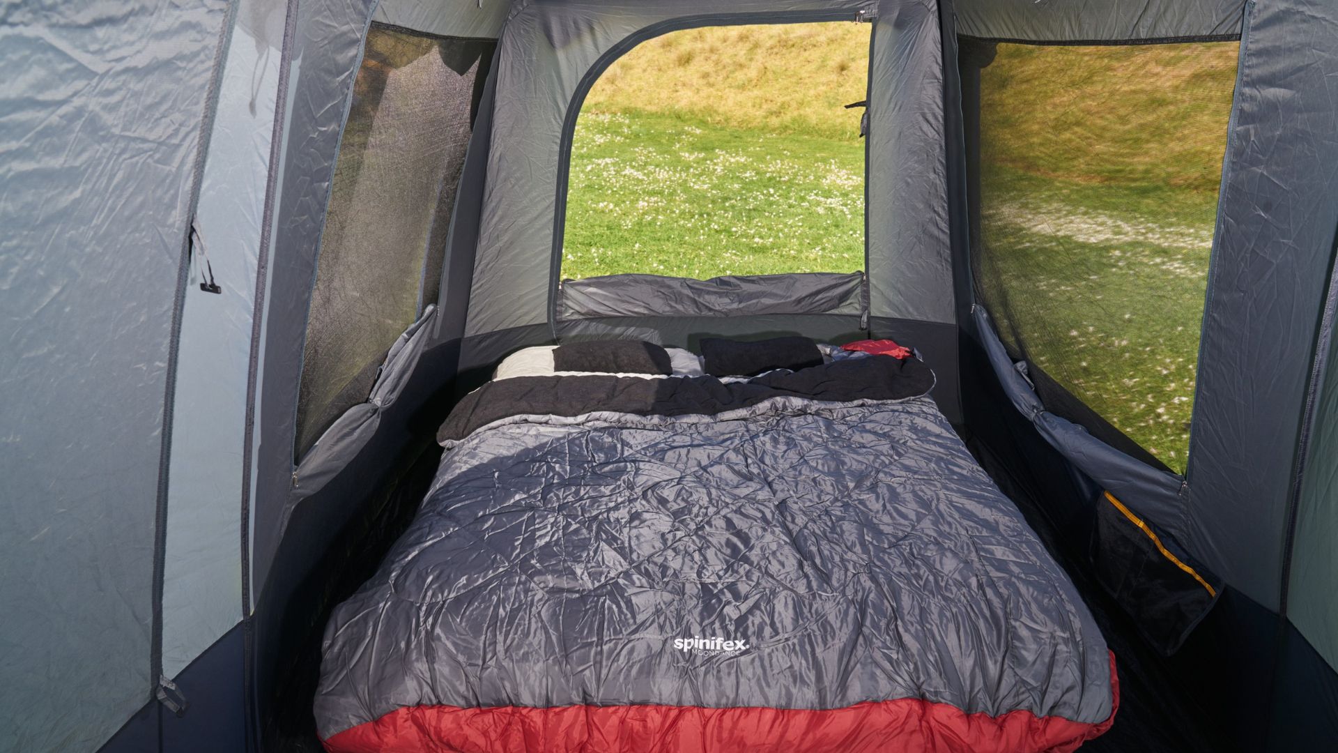 Internal view of Spinifex Moondance 0° Queen Sleeping Bag in a Spinifex Mawson Eclipse™ 8 Person Tent