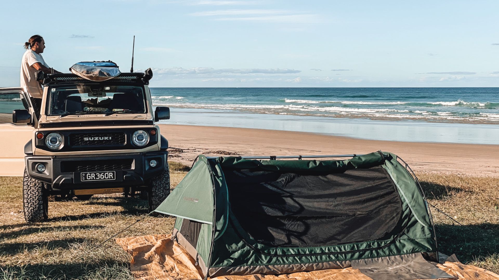 Dune 4WD King Titan Deluxe Double Swag on the beach